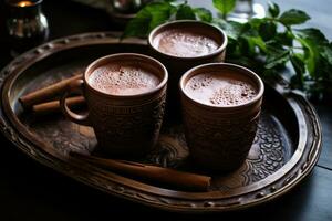 AI generated Cups of hot cocoa on a wooden tray. Organic healthy chocolate drink prepared from cocoa beans. Generative AI photo