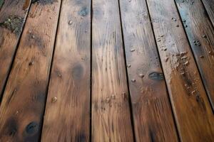 AI generated The wet wooden surface. Wood table background with rain water droplets. Generative AI photo