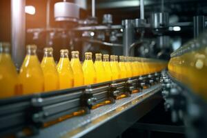 AI generated Production line fills glass bottles with vibrant yellow beverages. Conveyor belt. Generative AI photo