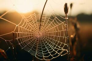 AI generated Cold dew condensing on a spiderweb with morning light rays in the background. Generative AI photo