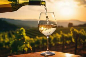 AI generated Pouring white wine into glass on vineyard background at sunset. Generative AI photo