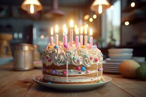 AI generated Birthday cake with sprinkles, icing and colorful birthday candles. Generative AI photo