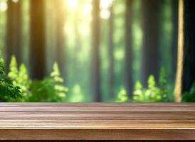 Gorgeous background image of a blurred boreal forest with a rustic wooden table that is empty for mockup photo