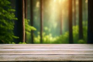 Gorgeous background image of a blurred boreal forest with a rustic wooden table that is empty for mockup photo