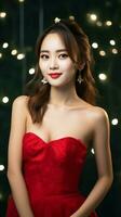 AI generated Asian women forming standing positions with red gowns christmas tree in the backdrop, Generative AI. photo