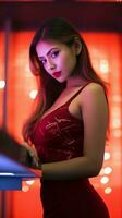 AI generated Gorgeous woman wearing red high slit in a bar, Generative AI. photo