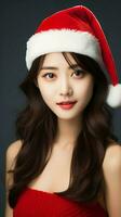 AI generated Asian women pose while wearing red Santa Claus outfits, Generative AI. photo