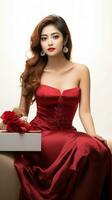 AI generated Asian model in burgundy tulle lace long prom dress on christmas eve with gift box, Generative AI. photo