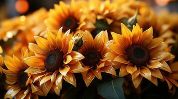 ai generado allí son muchos amarillo girasoles en un florero en el mesa foto