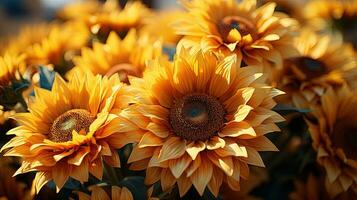 ai generado allí son muchos amarillo girasoles en un florero en el mesa foto