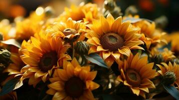 ai generado allí son muchos amarillo girasoles en un florero en el mesa foto