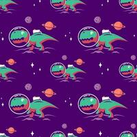 GREEN DINOSAUR IS WEARING ASTRONAUT HELMET IN SPACE FLAT SEAMLESS PATTERN. PREMIUM VECTOR. vector