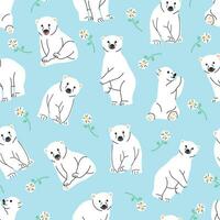 CUTE POLAR BEAR IN SOME DIFFERENT MOVES IN BLUE BACKGROUND AND FLOWERS FLAT SEAMLESS PATTERN DESIGN. vector