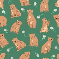 CUTE BROWN BEAR IN SOME DIFFERENT MOVES IN GREEN BACKGROUND AND FLOWERS FLAT SEAMLESS PATTERN DESIGN. vector