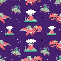 DINOSAURS WITH ADVANCED WEAPON CARTOON SEAMLESS PATTERN. PREMIUM VECTOR