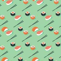 VARIETY OF FLAT JAPANESE SUSHI  WITH CHOPSTICK SEAMLESS PATTERN IN GREEN BACKGROUND. vector