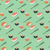 VARIETY OF FLAT JAPANESE SUSHI  WITH CHOPSTICK SEAMLESS PATTERN IN GREEN BACKGROUND. vector