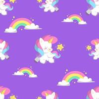 CUTE UNICORN WITH A LITTLE STAR AND RAINBOW FLAT SEAMLESS PATTERN. PREMIUM VECTOR. vector