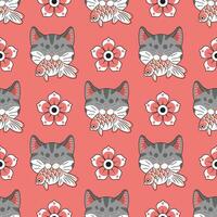 japonés estilo gris gato es mordiendo un koi pescado con flores en rojo antecedentes sin costura modelo. vector