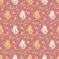 JAPANESE STYLE WHITE AND ORANGE CAT WITH SAKURA FLOWERS IN BROWN BACKGROUND SEAMLESS PATTERN DESIGN. vector