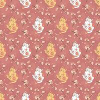 JAPANESE STYLE WHITE AND ORANGE CAT WITH SAKURA FLOWERS IN BROWN BACKGROUND SEAMLESS PATTERN DESIGN. vector