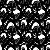 GIRLS IN SOME DIFFERENT POSES WITH FLORAL IN BLACK BACKGROUND LINE ART SEAMLESS PATTERN DESIGN. vector