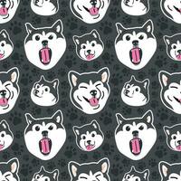 CUTE HUSKY DOG WITH SOME DIFFERENT EXPRESSIONS IN BLACK BACKGROUND. FLAT SEAMLESS PATTERN. vector