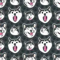 CUTE HUSKY DOG WITH SOME DIFFERENT EXPRESSIONS IN BLACK BACKGROUND. FLAT SEAMLESS PATTERN. vector