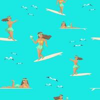 The surfing girls in some different posses flat seamless pattern premium vector