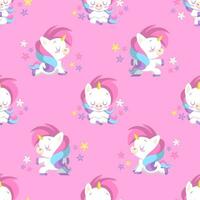 CUTE UNICORN WITH YOGA POSES FLAT SEAMLESS PATTERN. PREMIUM VECTOR. vector