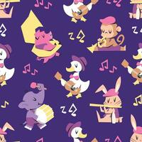 CUTE ANIMAL ARE PLAYING MUSIC INSTRUMENT FLAT SEAMLESS PATTERN. vector