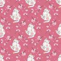 CUTE WHITE CAT WITH SAKURA FLOWERS IN JAPANESE STYLE SEAMLESS PATTERN DESIGN. vector