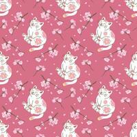 CUTE WHITE CAT WITH SAKURA FLOWERS IN JAPANESE STYLE SEAMLESS PATTERN DESIGN. vector