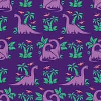 CUTE VIOLET DINOSAURS WITH HER CHILD AND PALM FLAT SEAMLESS PATTERN. vector