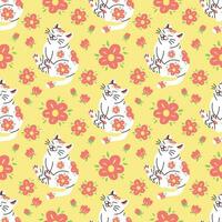 CUTE WHITE CAT WITH RED FLOWERS IN YELLOW BACKGROUND SEAMLESS PATTERN DESIGN. vector