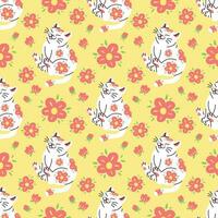 CUTE WHITE CAT WITH RED FLOWERS IN YELLOW BACKGROUND SEAMLESS PATTERN DESIGN. vector