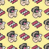A CUTE PUG DOG WITH A FUNNY EXPRESSION AND HOLDING A BIG BONE. FLAT SEAMLESS PATTERN. vector