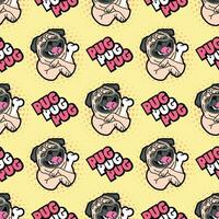 A CUTE PUG DOG WITH A FUNNY EXPRESSION AND HOLDING A BIG BONE. FLAT SEAMLESS PATTERN. vector