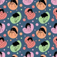 SAD GIRLS LINE ART WITH COLORFUL BACKGROUND SEAMLESS PATTERN DESIGN. vector