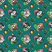 CUTE DOGS IS WEARING SANTA HAT AND CARYING A BIG PRESENT BAG SEAMLESS PATTERN vector