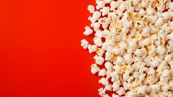 AI generated Popcorn scattered on a red background.  A classic movie theater snack. View from above. photo