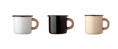 Metal camping unbreakable mugs with a handle wrapped in twine. Isolate on a white back photo