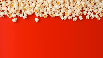 AI generated Popcorn scattered on a red background.  A classic movie theater snack. View from above. photo