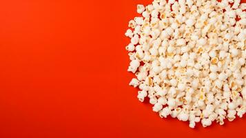 AI generated Popcorn scattered on a red background.  A classic movie theater snack. View from above. photo