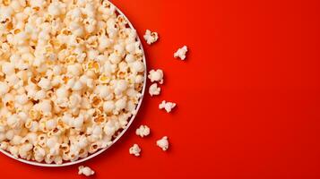 AI generated Popcorn scattered on a red background.  A classic movie theater snack. View from above. photo