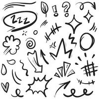 Vector set of hand-drawn cartoony expression sign doodle, curve directional arrows, emoticon effects design elements, cartoon character emotion symbols, cute decorative brush stroke lines.