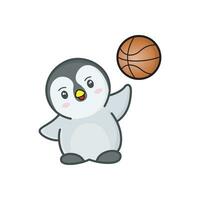 pequeño pingüino jugando baloncesto, vector ilustración.