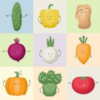 Vector geometric pattern with food cute funny characters. Cartoon trendy vegetables pattern in a checkered background. Flat illustration