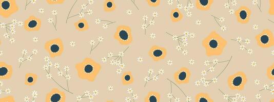 Seamless Pattern Wildeflower on Beige Background,Vector Orange Floral Pattern on Peach,Ilustration Cute botanical hand drawn style.Vintage illustration Fabric Pattern print for Spring,Summer vector