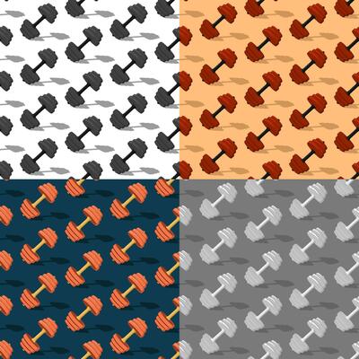 set of seamless patterns with colored sports dumbbell for fitness in gym. Healthy lifestyle. Ornament for decoration and printing on fabric. Design element. Vector